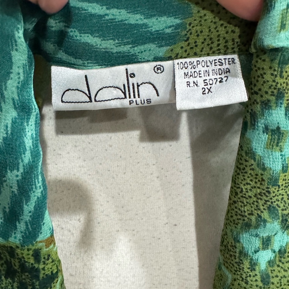 Dalin Plus Sheer Boho Patchwork‎ Button Down Top Green Teal Brown 2X - Picture 5 of 5